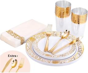 img 4 attached to 🍽️ HomyBasic 190 Pcs Gold Disposable Plastic Plates & Silverware Set for 25 - Fancy Dinnerware Sets, Cups & Paper Napkins. 30 Pcs for Forks, Spoons, Knives, Ideal for Wedding, Birthday, Dinner Party