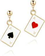 🃏 onlyjump unique asymmetric poker card earrings: funny 18k gold plated red hearts and black spades playing cards ace dangle drop hypoallergenic jewelry gift for women and girls logo