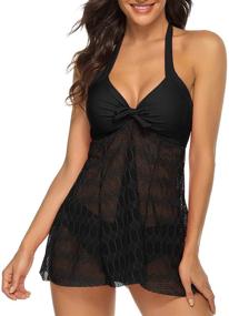 img 4 attached to 👙 LUXEVO Women's Halter Lace Crochet Fly Away Tankini Swimsuit Set - MISSVOG Collection