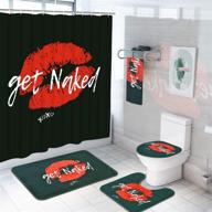 🚿 5 piece get naked shower curtain set with rugs and towels: red funny kiss design, waterproof bath curtain logo