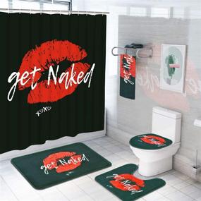 img 4 attached to 🚿 5 Piece Get Naked Shower Curtain Set with Rugs and Towels: Red Funny Kiss Design, Waterproof Bath Curtain