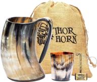 🍺 authentic handcrafted viking drinking horn mug for men and women - 15-20 oz medieval style cup for mead, ale, and beer - with burlap sack (acrylic base) logo