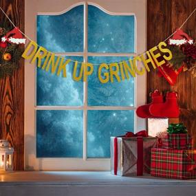 img 1 attached to 🎉 Золотой блестящий баннер "Drink Up Grinches" - украшения к Рождественскому Гринчу, украшения для вечеринки Гринча, праздничный баннер, украшения для вечеринки в уродливом рождественском свитере, вырезки эльфов и гринчей, украшения для вечеринки "Давайте станем эльфами