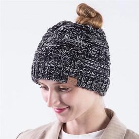 img 3 attached to Stay Stylish and Warm with Alepo Women's High Messy Bun Beanie Hat - Ponytail Hole, Winter Knit Skull Cap (Black White & Rainbow)