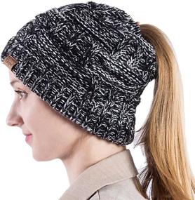 img 2 attached to Stay Stylish and Warm with Alepo Women's High Messy Bun Beanie Hat - Ponytail Hole, Winter Knit Skull Cap (Black White & Rainbow)