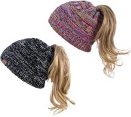 stay stylish and warm with alepo women's high messy bun beanie hat - ponytail hole, winter knit skull cap (black white & rainbow) logo