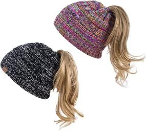 img 4 attached to Stay Stylish and Warm with Alepo Women's High Messy Bun Beanie Hat - Ponytail Hole, Winter Knit Skull Cap (Black White & Rainbow)