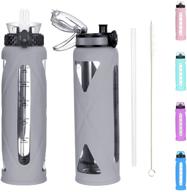 💧 32oz glass water bottles with straw and flip lid - motivational time marker reminder, silicone sleeve - leakproof, bpa free (grey sleeve) logo