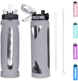 img 4 attached to 💧 32oz Glass Water Bottles with Straw and Flip Lid - Motivational Time Marker Reminder, Silicone Sleeve - Leakproof, BPA Free (Grey Sleeve)