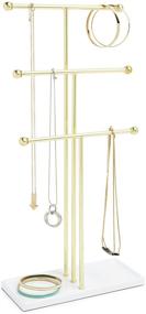 img 4 attached to 💎 Tiered Tabletop Countertop Free Standing Necklace Holder Display - Umbra Trigem Jewelry Organizer, 3 Tiers, Brass/White