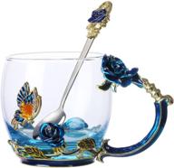 blue rose tea cup glass coffee mugs for women, with spoon, featuring beautiful rose flower and butterfly – ideal birthday gift! logo