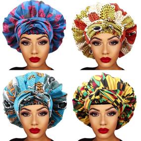 img 4 attached to 🌸 4-Pack Silk and Satin Bonnets for Women: African Print Head Scarf, Ideal for Long Curly Natural Hair, Braids, and Sleep