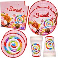 🍭 candy shoppe party supplies tableware set: colorful sweet candies theme for adult girls - 24 plates, 24 cups, 50 napkins - disposable paper goods for happy birthday parties logo