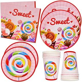 img 4 attached to 🍭 Candy Shoppe Party Supplies Tableware Set: Colorful Sweet Candies Theme for Adult Girls - 24 Plates, 24 Cups, 50 Napkins - Disposable Paper Goods for Happy Birthday Parties