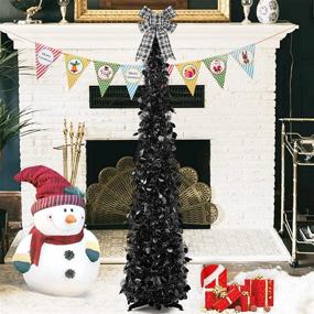 img 4 attached to Collapsible 5ft Artificial Black Pop Up Christmas Tree with Plaid Bow and Triangle Flag - Ideal for Xmas Holiday Party Decoration