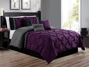 img 1 attached to Queen Size All-Season Bedding-Down Alternative Comforter Set in Dark Purple/Grey/Black with Double-Needle Stitch Pinch Pleat and Embroidery