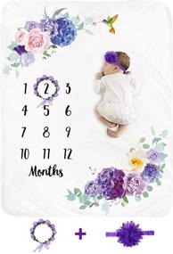 img 4 attached to Personalized Floral Baby Monthly Milestone Blanket for Girls - Soft Plush Fleece Newborn Month Blanket Photography Background Prop with Flower Design, Wreath Headband Included - Large Size 51''x40''