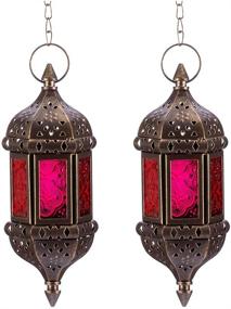 img 4 attached to 🕯️ Nuptio Handmade Bronze Metal Hanging Hexagon Moroccan Candle Lantern Holders - Decorative Tea Light Holder with Red and Purple Glass accents, Perfect Gift & Decor Item Duo