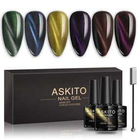 img 4 attached to 🌈 ASKITO Cat Eye Gel Nail Polish Set Kit 6 PCS, Chameleon Magnetic Galaxy Glitter Galactic Effect for Spring Summer, UV LED Soak Off Gel Manicure Kit with Magnet Stick, Yellow Blue Green Purple Brown Gel Polish