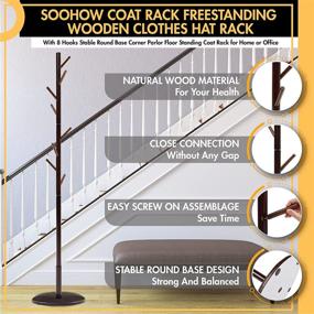 img 3 attached to 🧥 Soohow Freestanding Wooden Coat Rack with 8 Hooks and Stable Round Base - Corner Parlor Floor Standing Clothes & Hat Rack for Home or Office