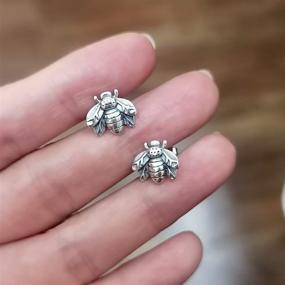 img 1 attached to Hypoallergenic Vintage Sterling Silver Bee Earrings for Women Girls: Small Cute Textured Honeybee Studs, Perfect for Cartilage, Tragus, and Everyday Wear. Oxidized Retro Jewelry Gifts