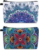 stylish magefy makeup bag: travel-friendly cosmetic organizer with elegant blue patterns, waterproof design, and dual zippers - set of 2 (peacock feather 0192 + mandala pattern 0179) logo