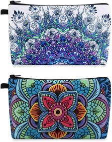 img 4 attached to Stylish MAGEFY Makeup Bag: Travel-friendly Cosmetic Organizer with Elegant Blue Patterns, Waterproof Design, and Dual Zippers - Set of 2 (Peacock Feather 0192 + Mandala Pattern 0179)