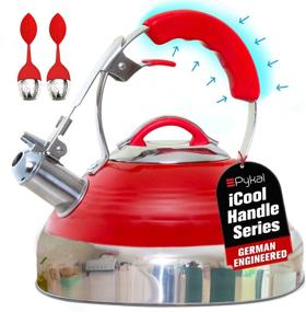 img 4 attached to iCool-Handle Red Hotness Tea Kettle: Whistling, Surgical Stainless Steel with 2 x Infusers, 2.8 QT Volume - Compatible on all Stovetops (Induction or Gas)