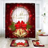 🎄 bleum cade 4-piece merry christmas shower curtain set with non-slip rugs, toilet lid cover, bath mat and 12 hooks - red bell bow design, waterproof christmas decoration logo