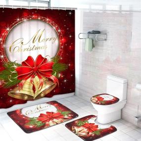 img 3 attached to 🎄 BLEUM CADE 4-Piece Merry Christmas Shower Curtain Set with Non-Slip Rugs, Toilet Lid Cover, Bath Mat and 12 Hooks - Red Bell Bow Design, Waterproof Christmas Decoration