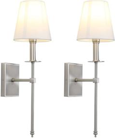 img 4 attached to Pair of Vintage Rustic Industrial Wall Sconce Light Fixtures with Elegant Flared White Textile Lamp Shades and Stylish Brushed Tapered Column Stands