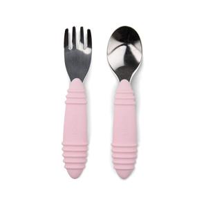 img 4 attached to 🍽️ Bumkins Pink Silicone and Stainless Steel Baby Fork and Spoon Set – Toddler Utensils for Self Feeding