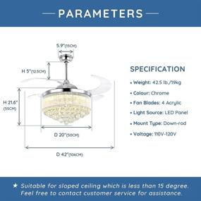 img 1 attached to 💡 Moooni Modern 42" Dimmable LED Fandelier Crystal Ceiling Fan: Stylish Retractable Blade Chandelier Fan Light Kit in Polished Chrome