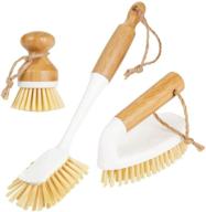 ✨ mdesign bamboo household cleaning sink wet scrubber brushes - combo set of 3 brushes for kitchen, bathroom, and laundry - stiff bristles - mini palm, long handled dish, utility brushes - white/natural wood logo