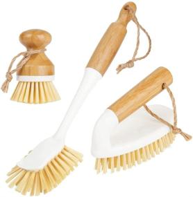 img 4 attached to ✨ mDesign Bamboo Household Cleaning Sink Wet Scrubber Brushes - Combo Set of 3 Brushes for Kitchen, Bathroom, and Laundry - Stiff Bristles - Mini Palm, Long Handled Dish, Utility Brushes - White/Natural Wood