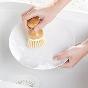 img 1 attached to ✨ mDesign Bamboo Household Cleaning Sink Wet Scrubber Brushes - Combo Set of 3 Brushes for Kitchen, Bathroom, and Laundry - Stiff Bristles - Mini Palm, Long Handled Dish, Utility Brushes - White/Natural Wood