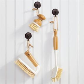 img 2 attached to ✨ mDesign Bamboo Household Cleaning Sink Wet Scrubber Brushes - Combo Set of 3 Brushes for Kitchen, Bathroom, and Laundry - Stiff Bristles - Mini Palm, Long Handled Dish, Utility Brushes - White/Natural Wood