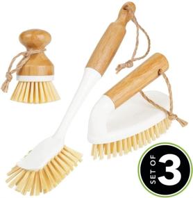 img 3 attached to ✨ mDesign Bamboo Household Cleaning Sink Wet Scrubber Brushes - Combo Set of 3 Brushes for Kitchen, Bathroom, and Laundry - Stiff Bristles - Mini Palm, Long Handled Dish, Utility Brushes - White/Natural Wood