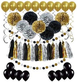 img 4 attached to 🎉 Stylish Black and Gold Party Decorations Set - Perfect for Masquerade and Birthday Parties, Includes DIY Paper Pom Poms, Tassel Garland, Balloons, Hanging Swirl, and Circle Paper Garland - 58Pcs