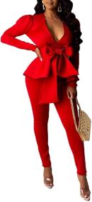 img 4 attached to 🔥 Sexy Two Piece Outfits for Women - Long Sleeve V Neck Bow Tie Peplum Pullover Tops Bodycon Long Pants Sets Tracksuit