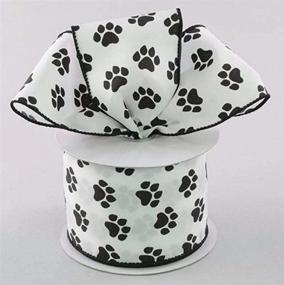 img 1 attached to Black Paw Prints on White Satin Ribbon - 10 Yards / 30 Feet of 2.5 Inch Wired Edged Paw Print Ribbon