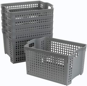 img 4 attached to Convenient Grey Plastic Storage Baskets with Handles - Set of 6