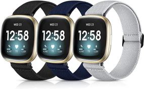 img 4 attached to 3-пак Maledan Эластичная лента для Fitbit Versa 3 и Fitbit Sense - Регулируемый эластичный спортивный ремешок для мужчин и женщин - Мягкий нейлоновый браслет для Sense/Versa 3 в черном/синем/сером