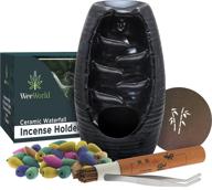 weeworld ceramic backflow waterfall incense holder burner set - complete with 120 incense 🕯️ cones and 30 sticks, promotes aromatherapy, freshens and decorates any space with 7 scent variety (grey) logo