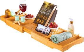 img 4 attached to 🛀 Bamboo Bathtub Tray Caddy with Tablet & Book Holder - Expandable, Nonslip Luxury Bath Caddy with Wine Glass Holder - Perfect Addition for a Relaxing Soak