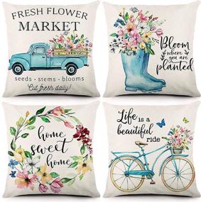 img 4 attached to 🌸 Liwoton Spring Pillow Covers 18x18 Inches - Farmhouse Floral Throw Pillowcase in Blue - Decorative Linen Flower Market Cushion Case for Spring Home Decor - Set of 4