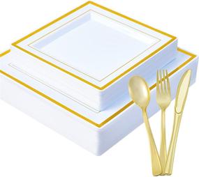 img 4 attached to 125-Piece Square Gold Plastic Plates Set - Includes 25 Disposable Dinner Plates, 25 Plastic Salad Plates, 25 Plastic Tableware - Premium Heavyweight Plastic Dinner Plates for Weddings, Parties, and Events