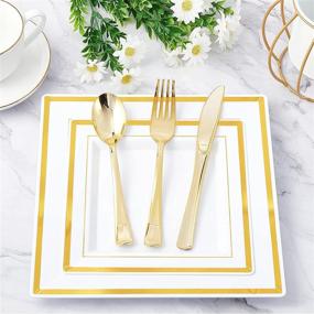 img 1 attached to 125-Piece Square Gold Plastic Plates Set - Includes 25 Disposable Dinner Plates, 25 Plastic Salad Plates, 25 Plastic Tableware - Premium Heavyweight Plastic Dinner Plates for Weddings, Parties, and Events