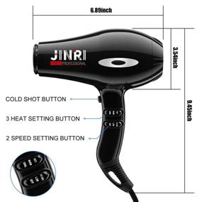 img 3 attached to JINRI Professional Salon Hair Dryer: Powerful 1875W Ceramic Tourmaline Technology, Lightweight and Quiet AC Motor, Black (Concentrator Included)