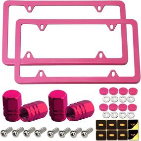 img 4 attached to 🎀 2-Pack of Light Pink License Plate Frames for Women - Slim Aluminum Car Tag Cover Holder with Stainless Steel Screws Caps, Rust/Rattle Proof Pads & Pink Accessories + Tire Valve Stem Caps